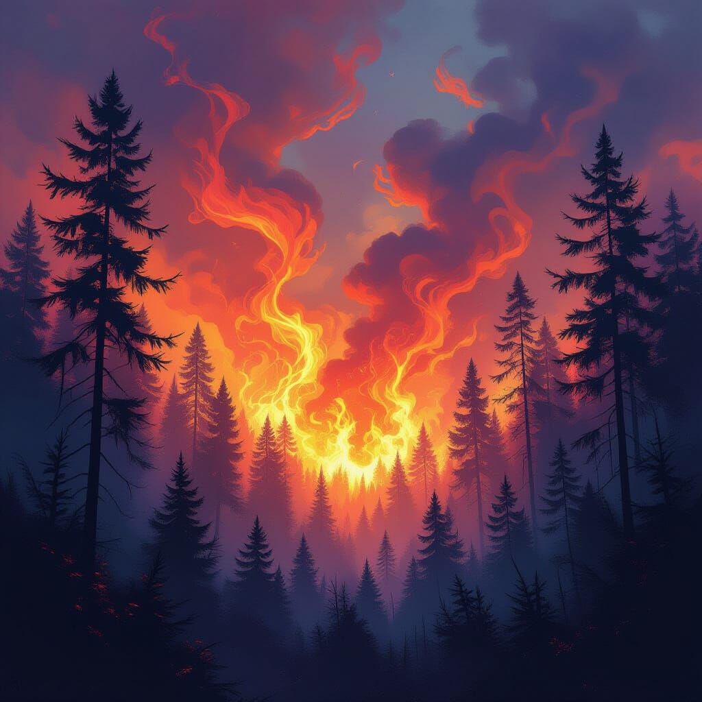 Surreal Forest Fire in Impressionistic Style