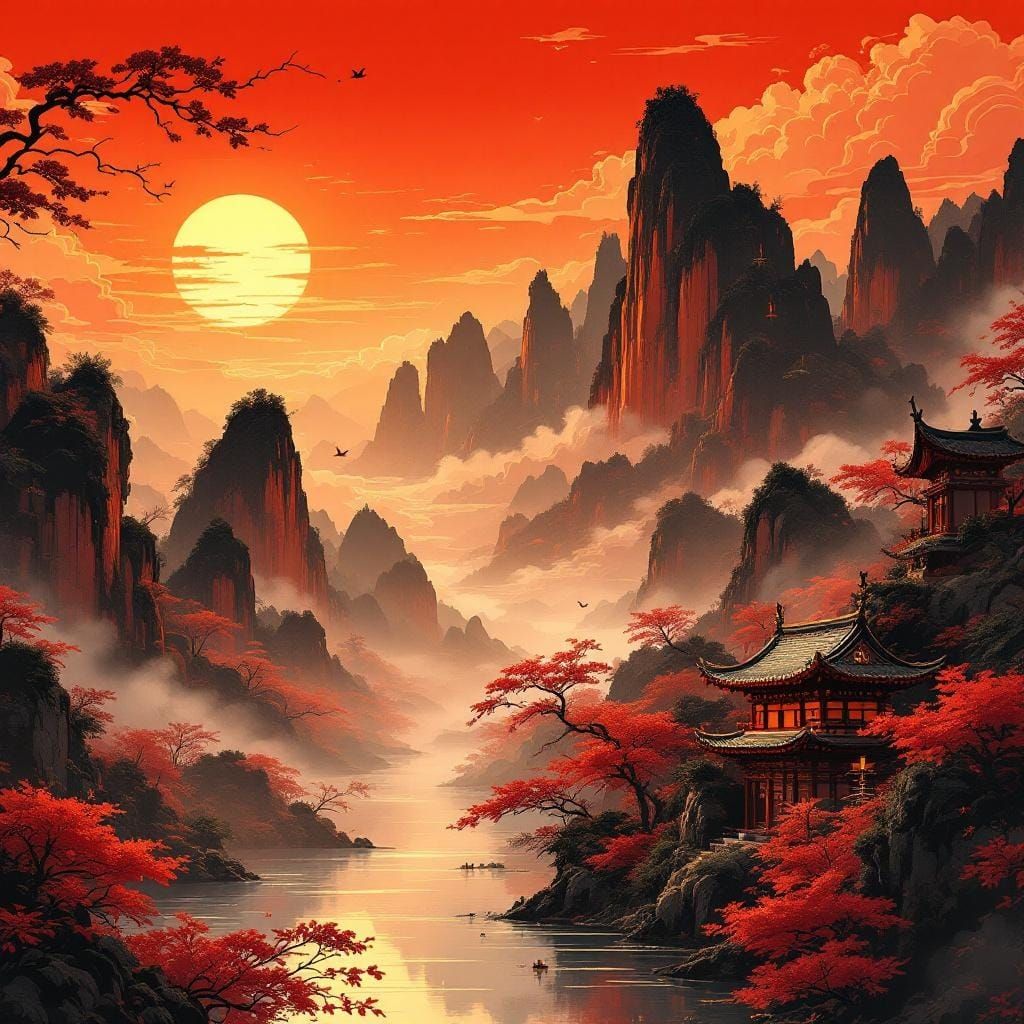 Fiery Red Guilin Landscape with Shrine Silhouette