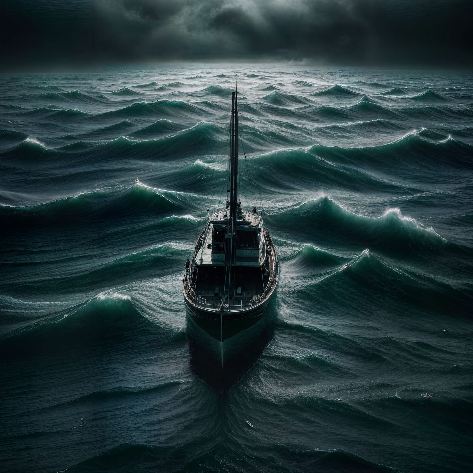 Eerie Boat Sails to Sea in Monochromatic Green