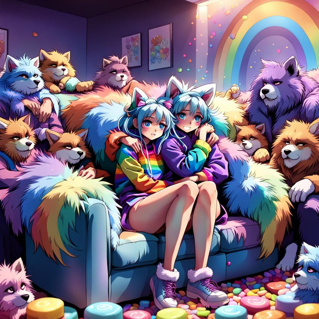 Furry Girl Surrounded by Cuddling Men: 3D Anime Art