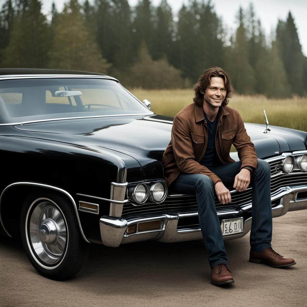 Sam Winchester Smiling on a Chevy Impala