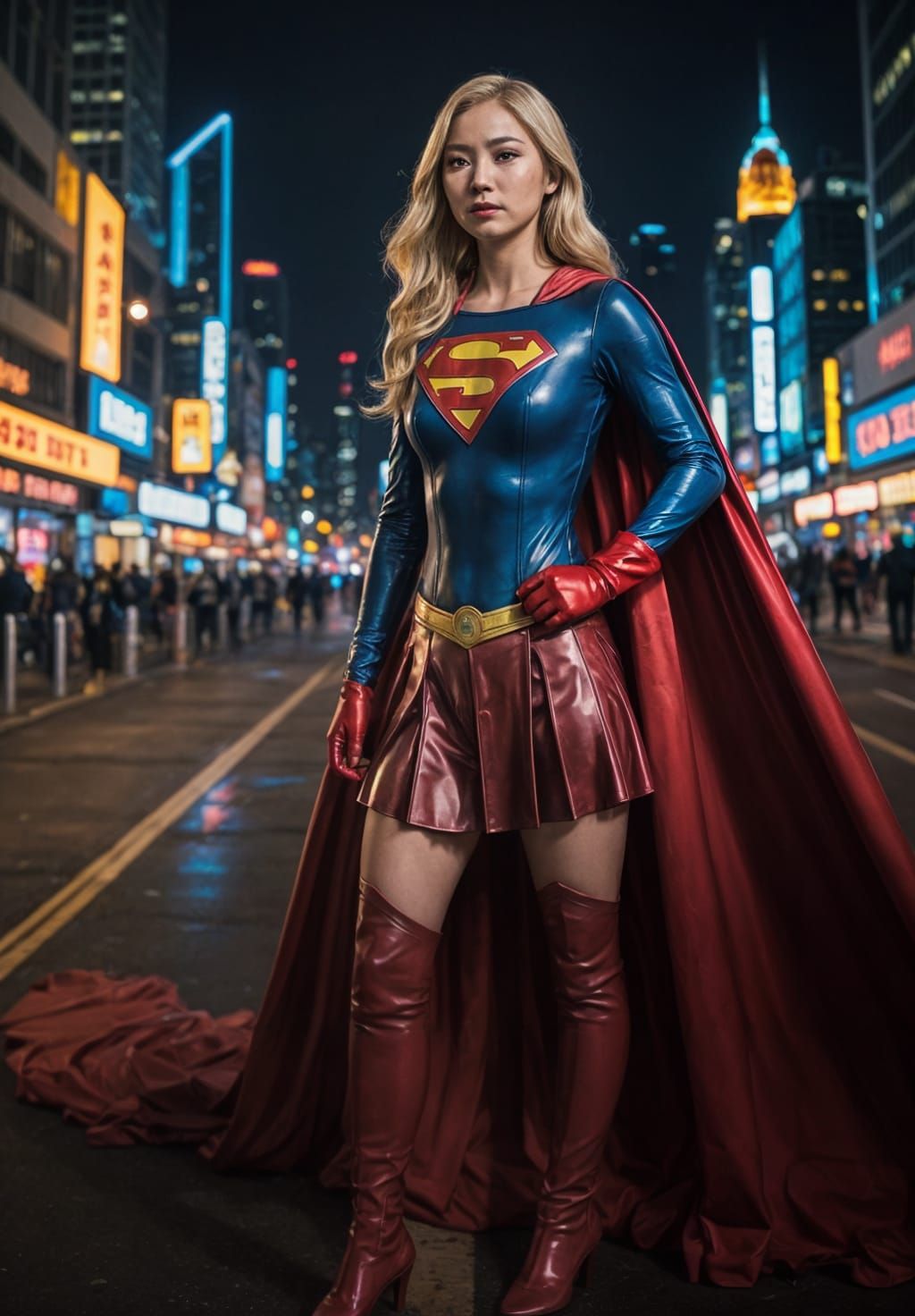 Asian Supergirl Cosplayer in Latex with Blonde Hair