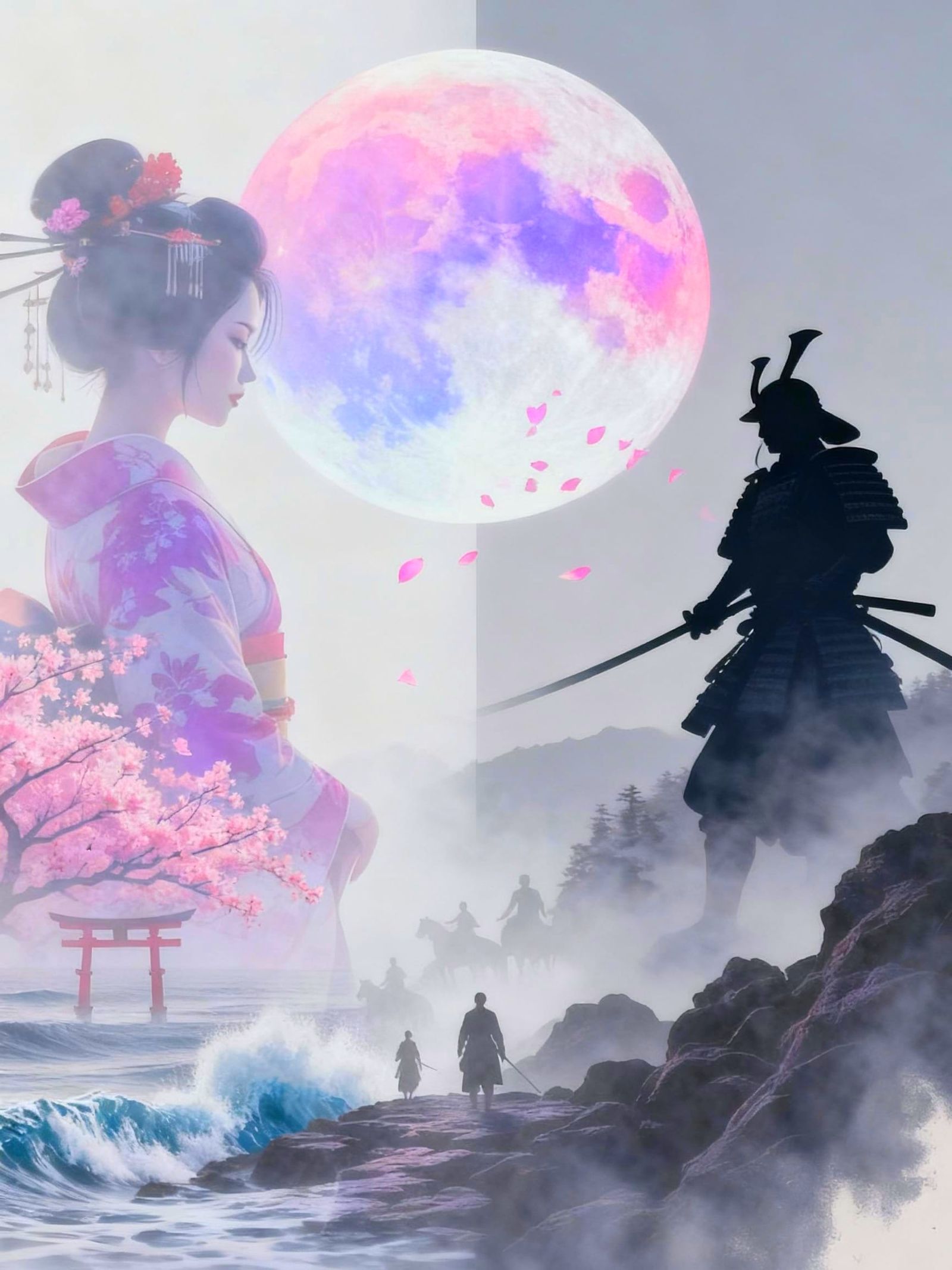 Geisha and Samurai Double Exposure in Pastel Tones