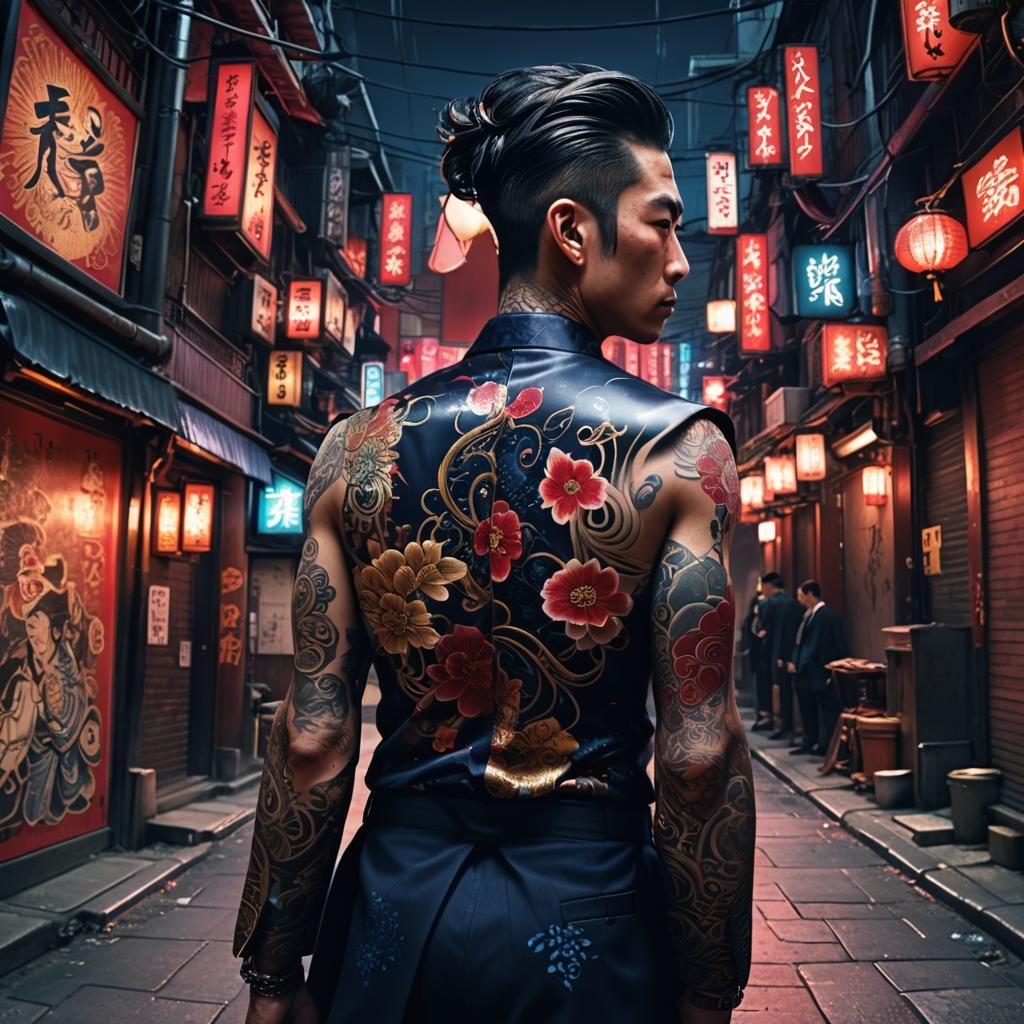 Geisha Tattoos on a Gangster in Dark Alleyway
