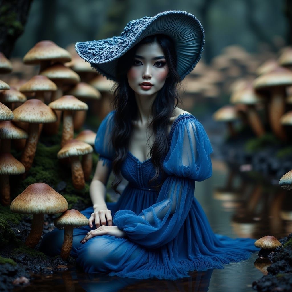 Girl in Mushroom Forest with Glowing Fungi