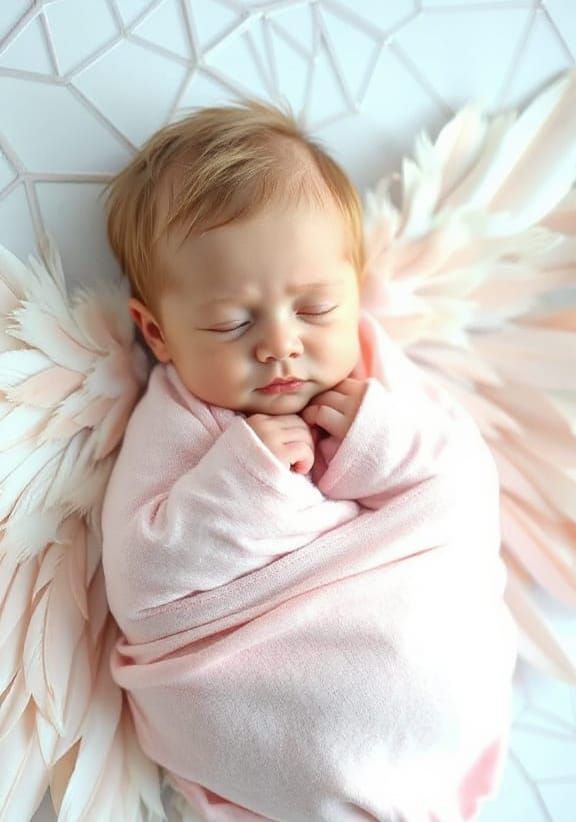 Angelic Feather Wings with Pastel Pink Swaddled Newborn Baby...