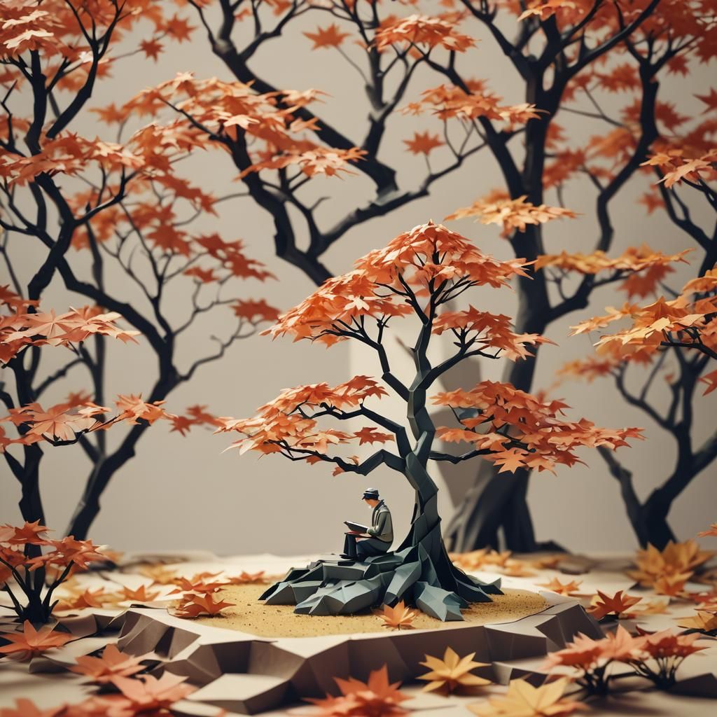 Melancholy Figure Surrounded by Bonsai Paper Art