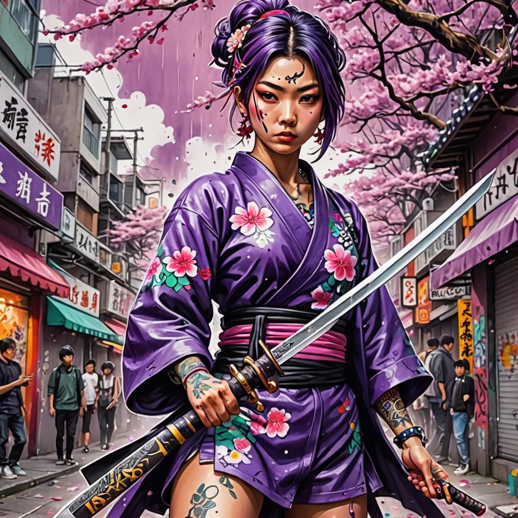 Harajuku Woman with Ninja Sword in Graffiti Art Style