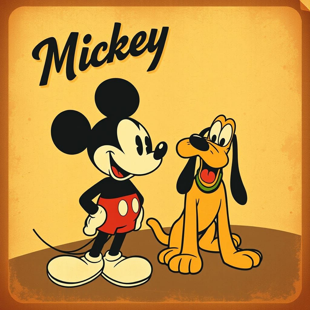 Retro Mickey & Pluto Poster in 1950s Cartoon Style