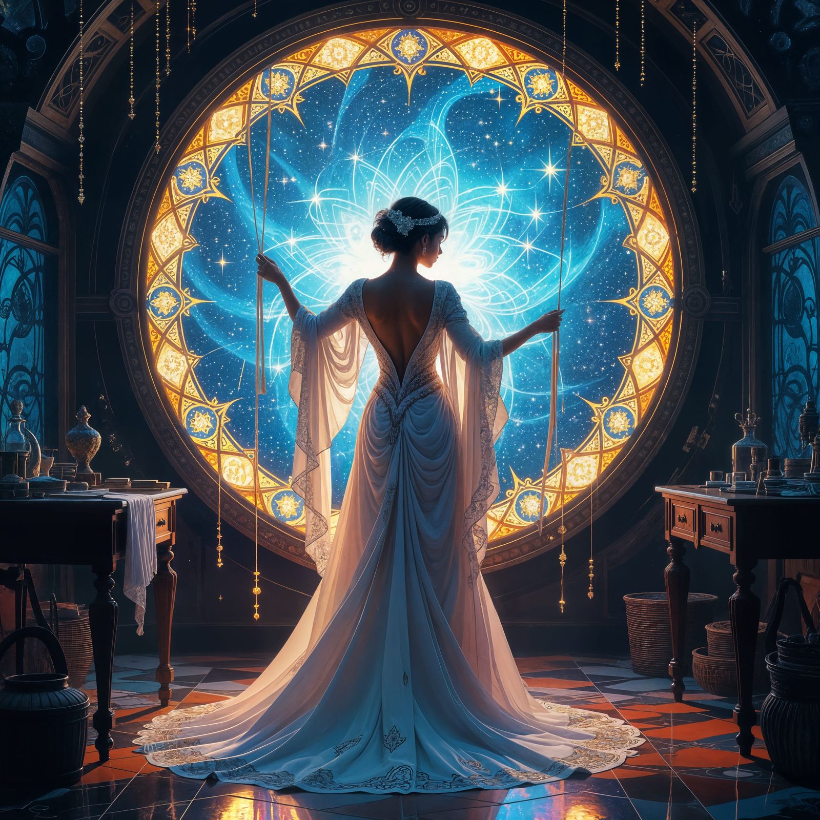 Celestial Seamstress Weaving Starlight Tapestries as Digital...