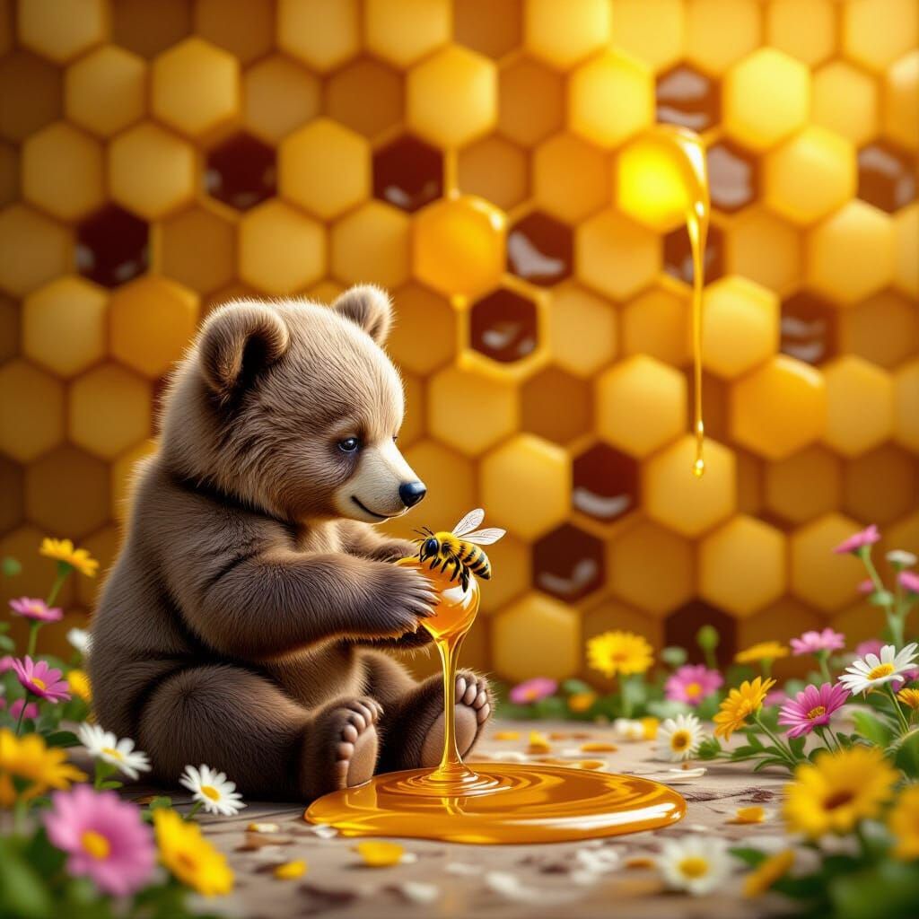 Baby Bear Plays with Bee Amidst Honey Flow