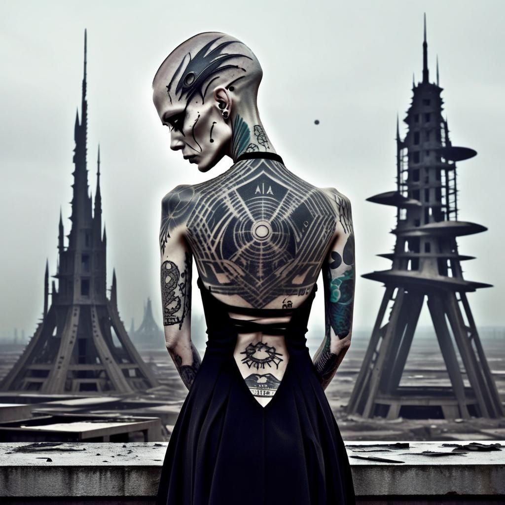 Sad Tattooed Alien in Desolate Landscape