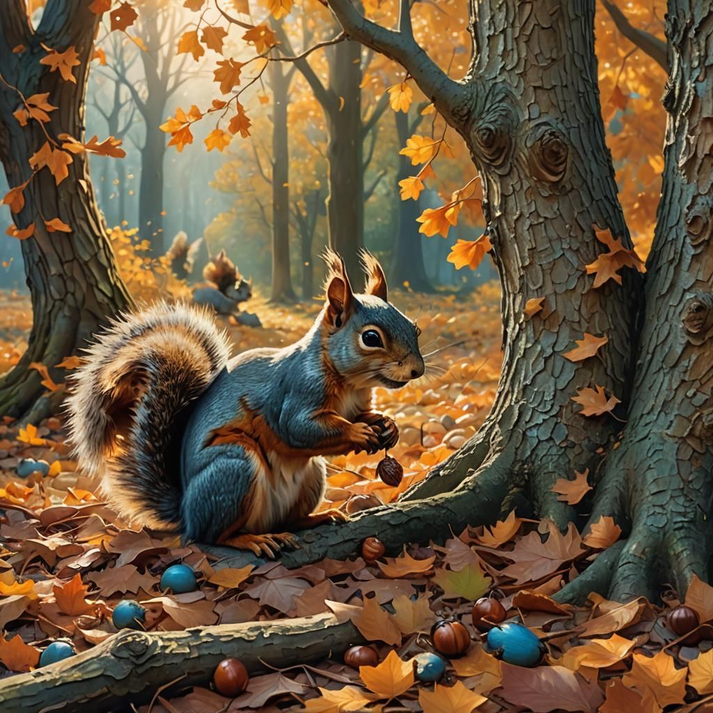 Squirrels in Autumn Forest: A Naturalistic Matte Painting
