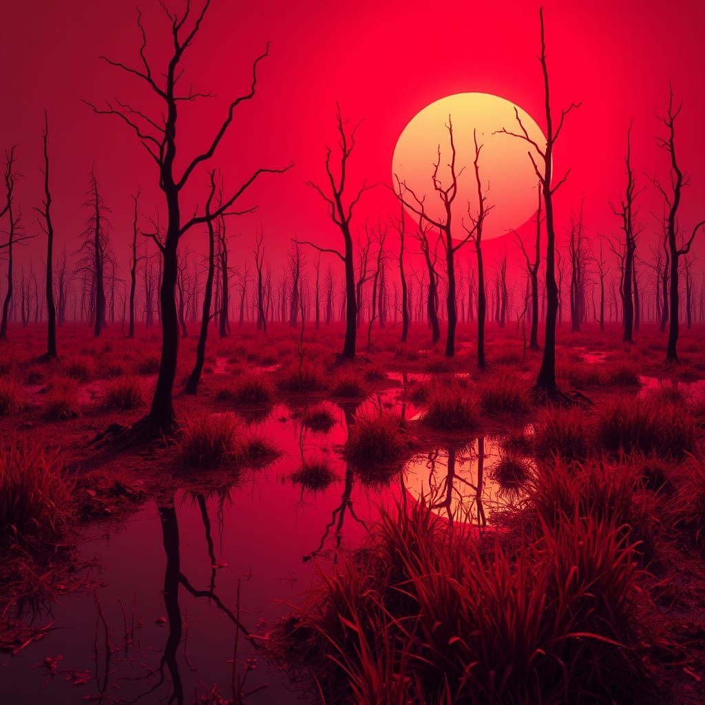 Hyperrealistic Swamp Sunrise in Dystopian Style