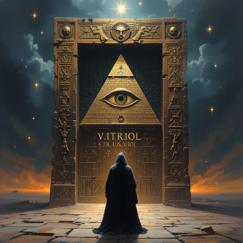 Hooded Figure Before Masonic Door in Occult Style