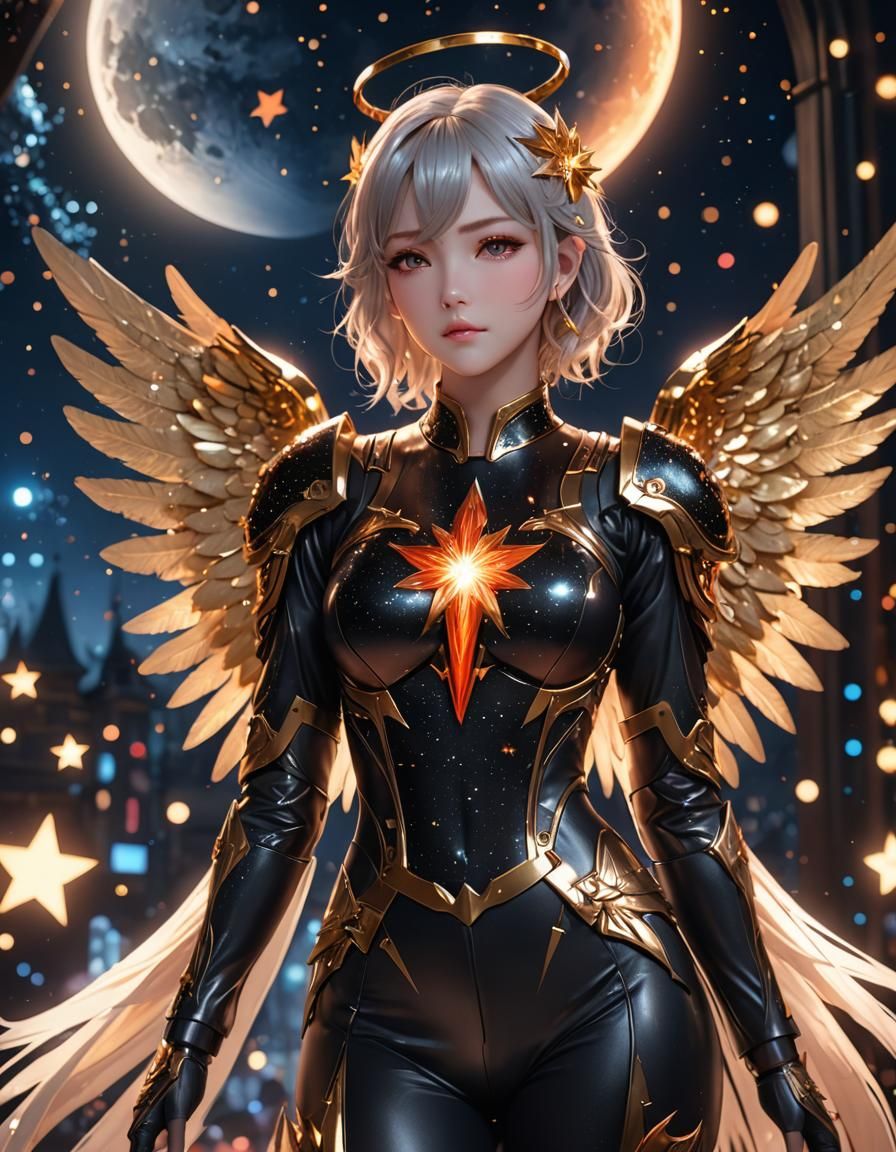 Angel in Lava Suit with Moon and Stars Bokeh