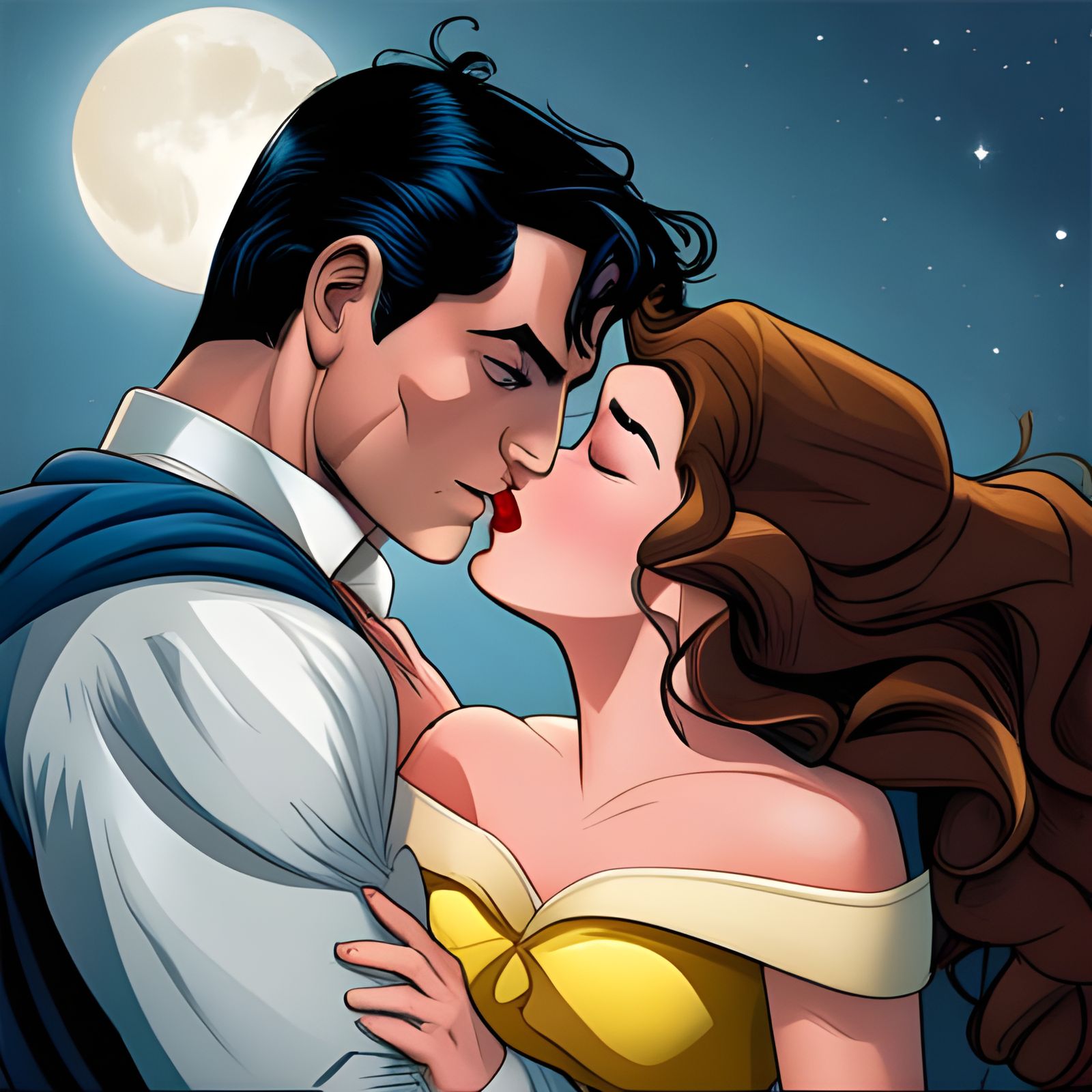 Superman and Princess Belle Kiss in Moonlight