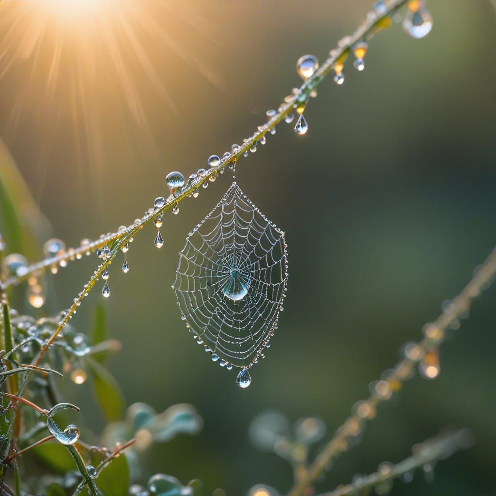 Dewdrop on Spiderweb Reflecting Sunrise in Macro