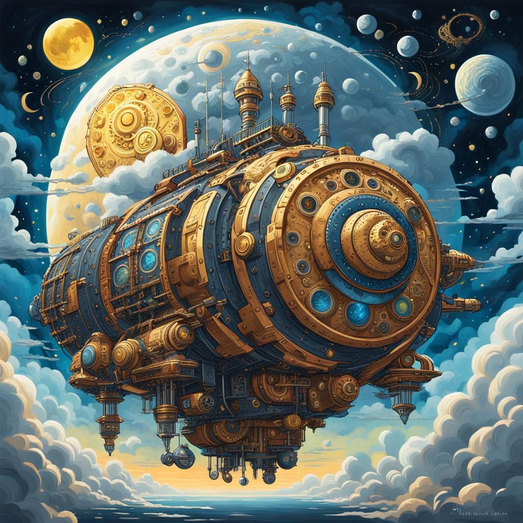 Steampunk Moon Module in Detailed Gouache Painting