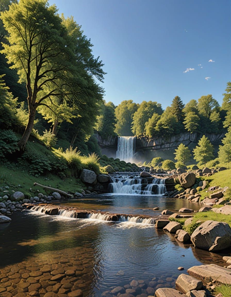 Forest Stream and Stone Bridge in Golden Light