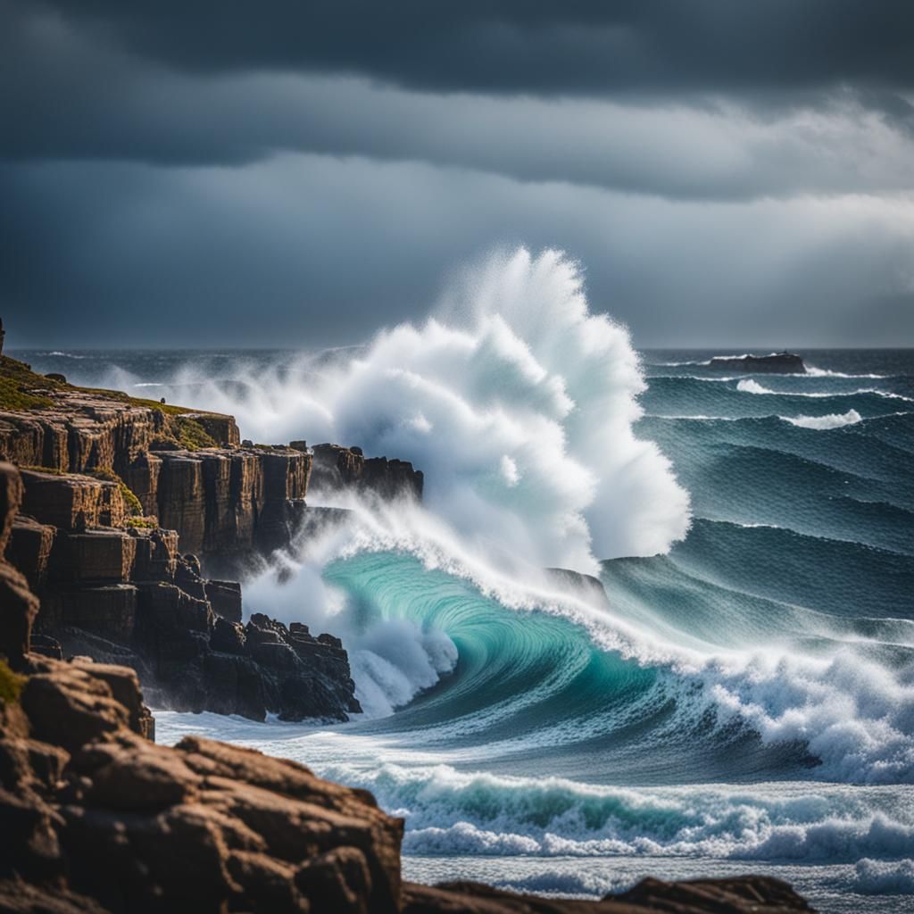 Ocean Waves Crashing on Rocky Cliffs