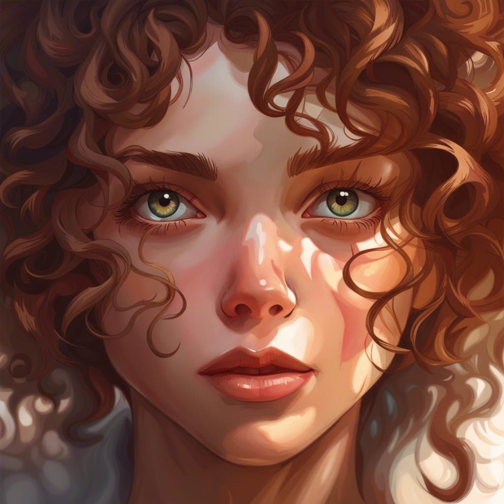 Curly Brown Haired Girl Portrait in Digital Art Style