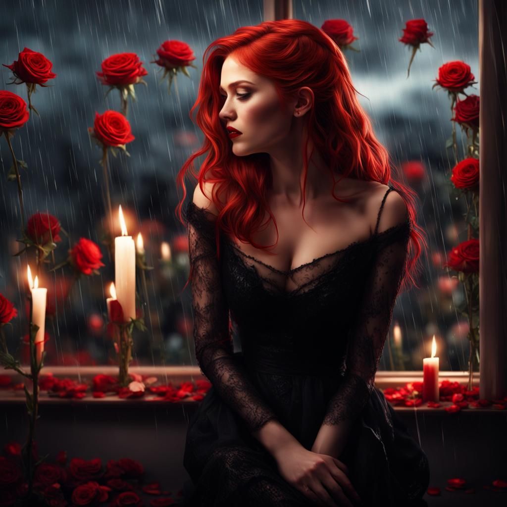Red-Haired Girl in Rain with Roses
