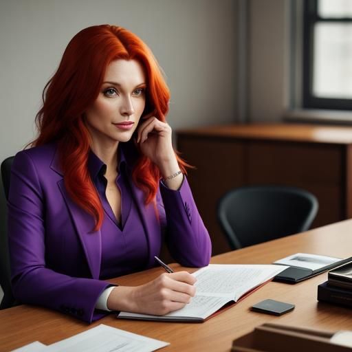 Professional Woman with Copper Hair at Desk