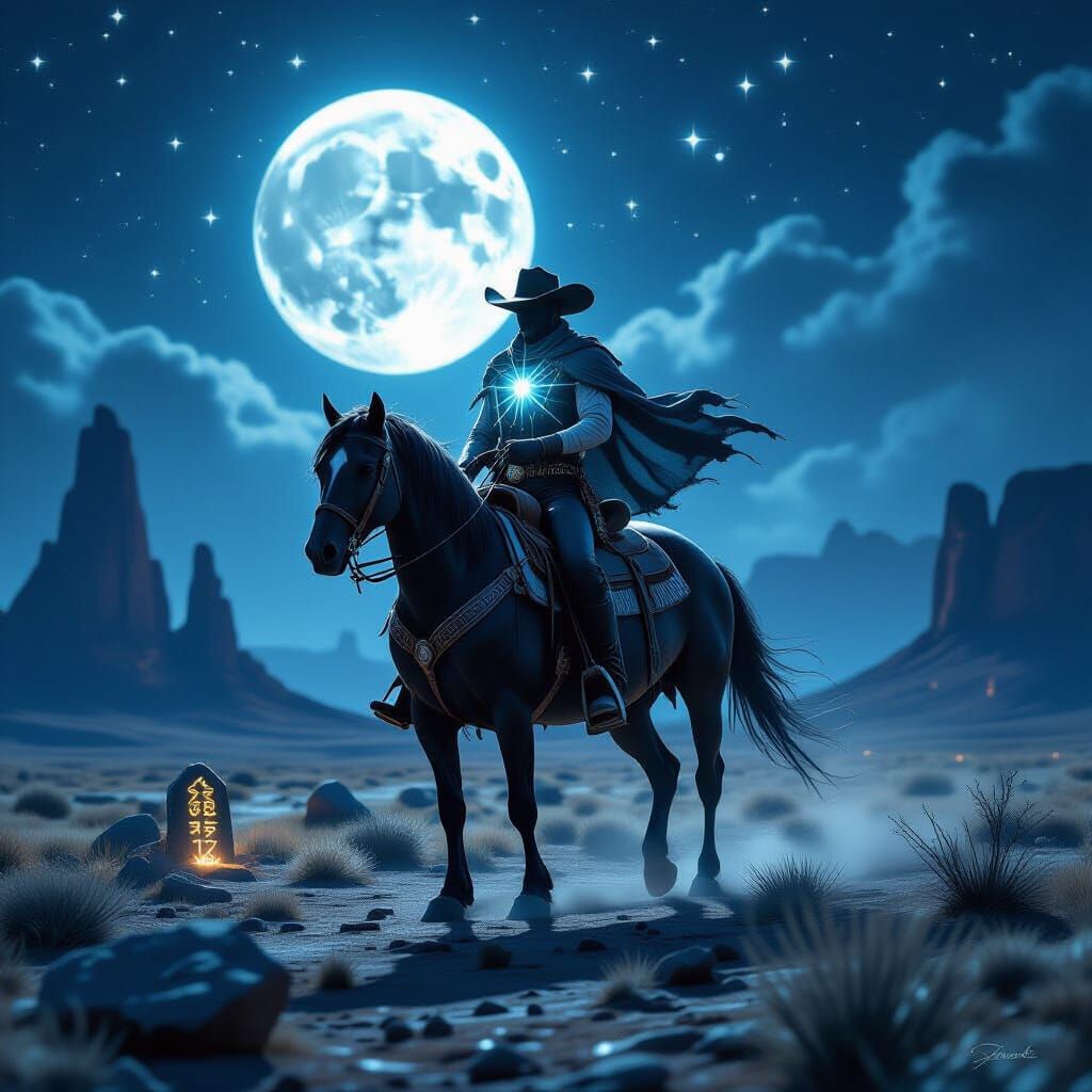 Spectral Cowboy Riding Phantom Horse Across Moonlit Plains