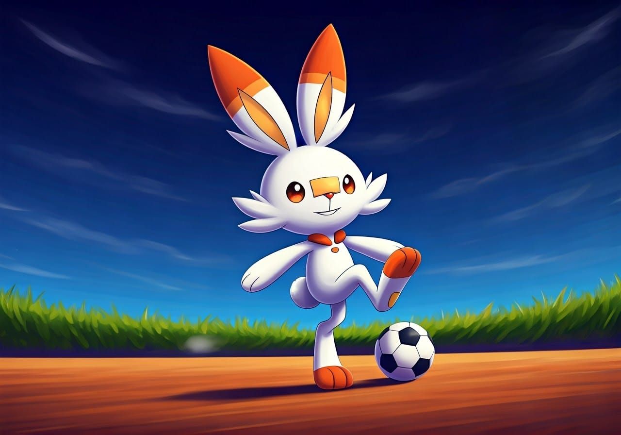 Surreal Scorbunny Practices Soccer in a Whimsical World