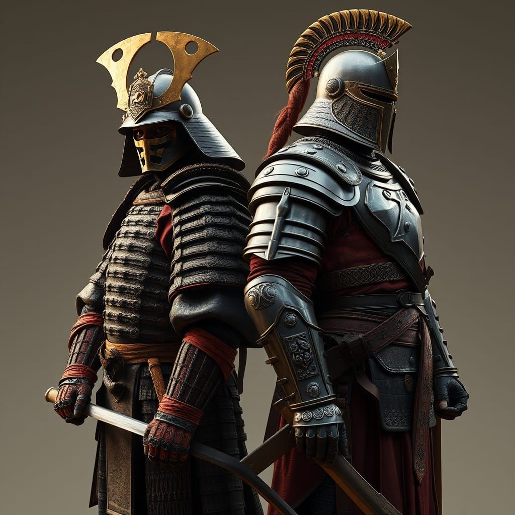 Samurai and Knight: Split Image in Photorealistic Style