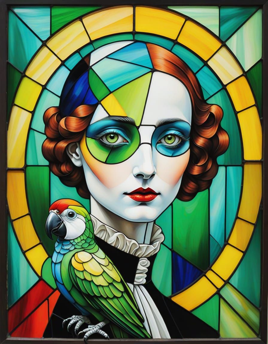 Surreal Geometric Portrait of Pierrot in Stained Glass