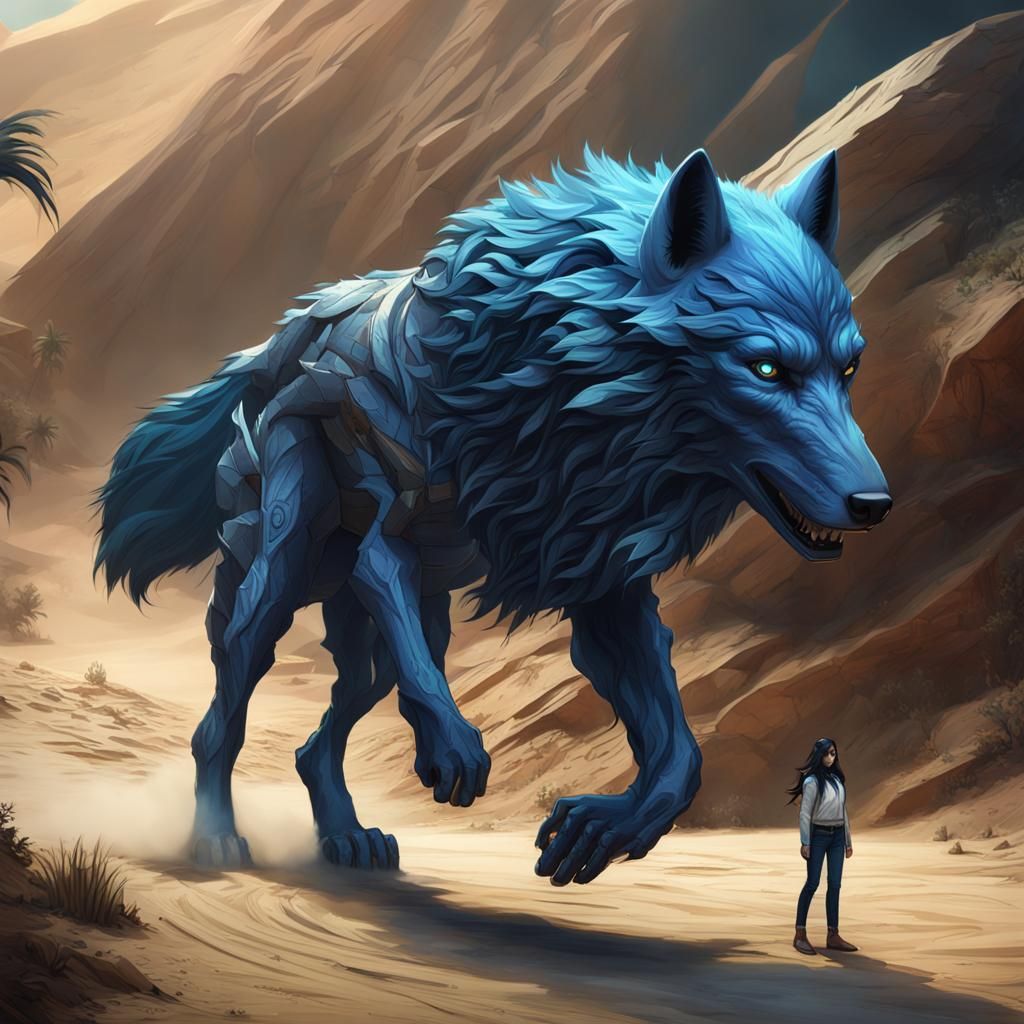Blue Wolf and Girl on a Sand Road