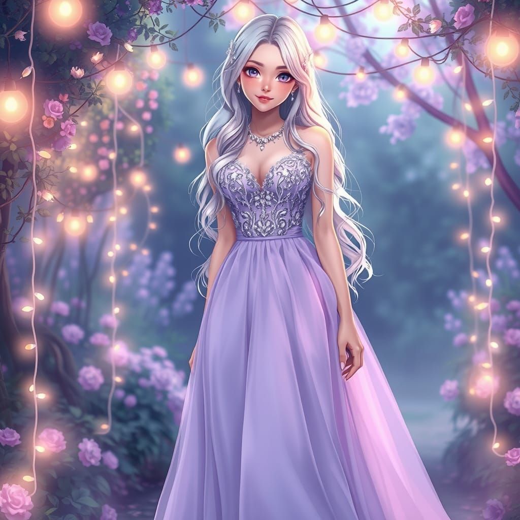 Anime-Style Woman in Lavender Dress in Dreamy Garden