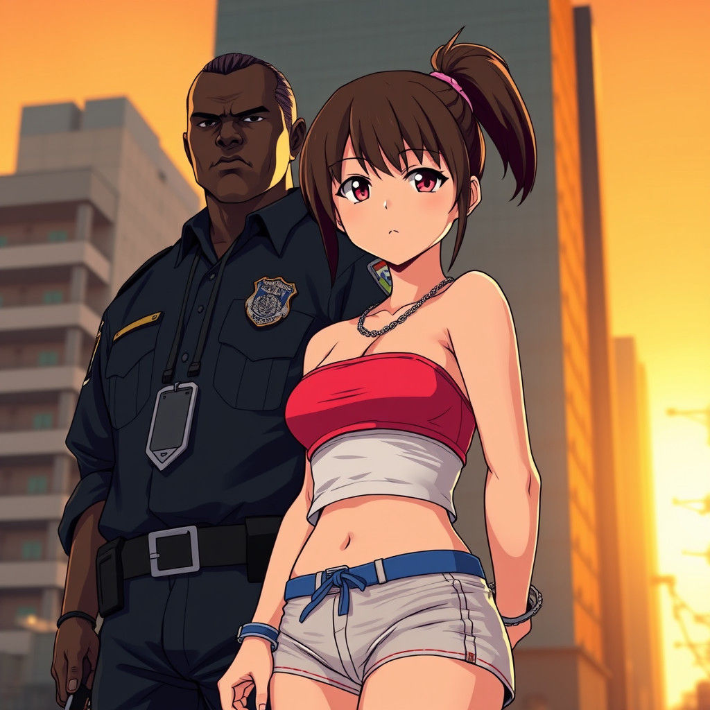 Shizuka handcuffed  by a black police officer the colour grading should be like warm like gta san Andreas game theme shi...