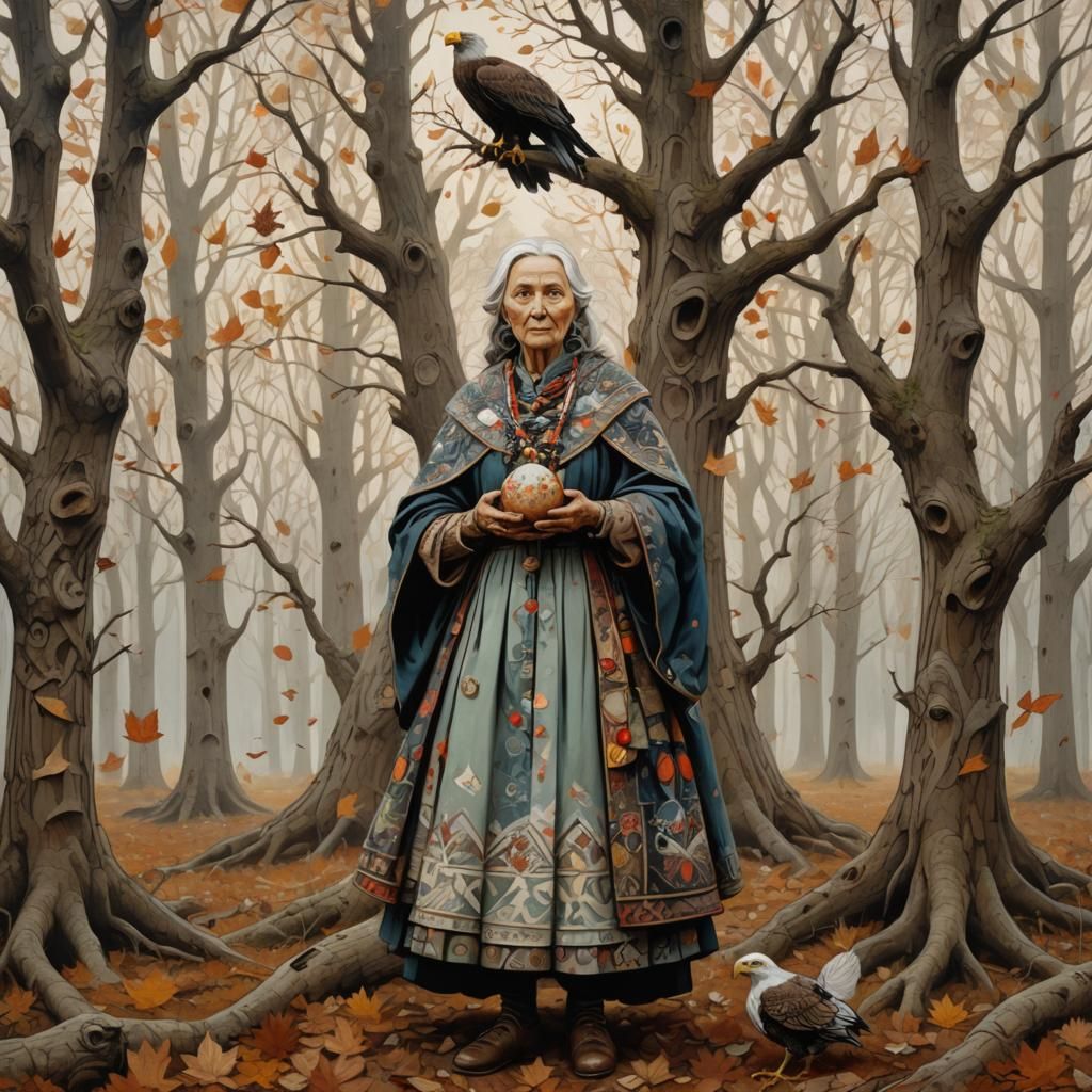 Baba Jaga in Forest Glade: Naive Art Style