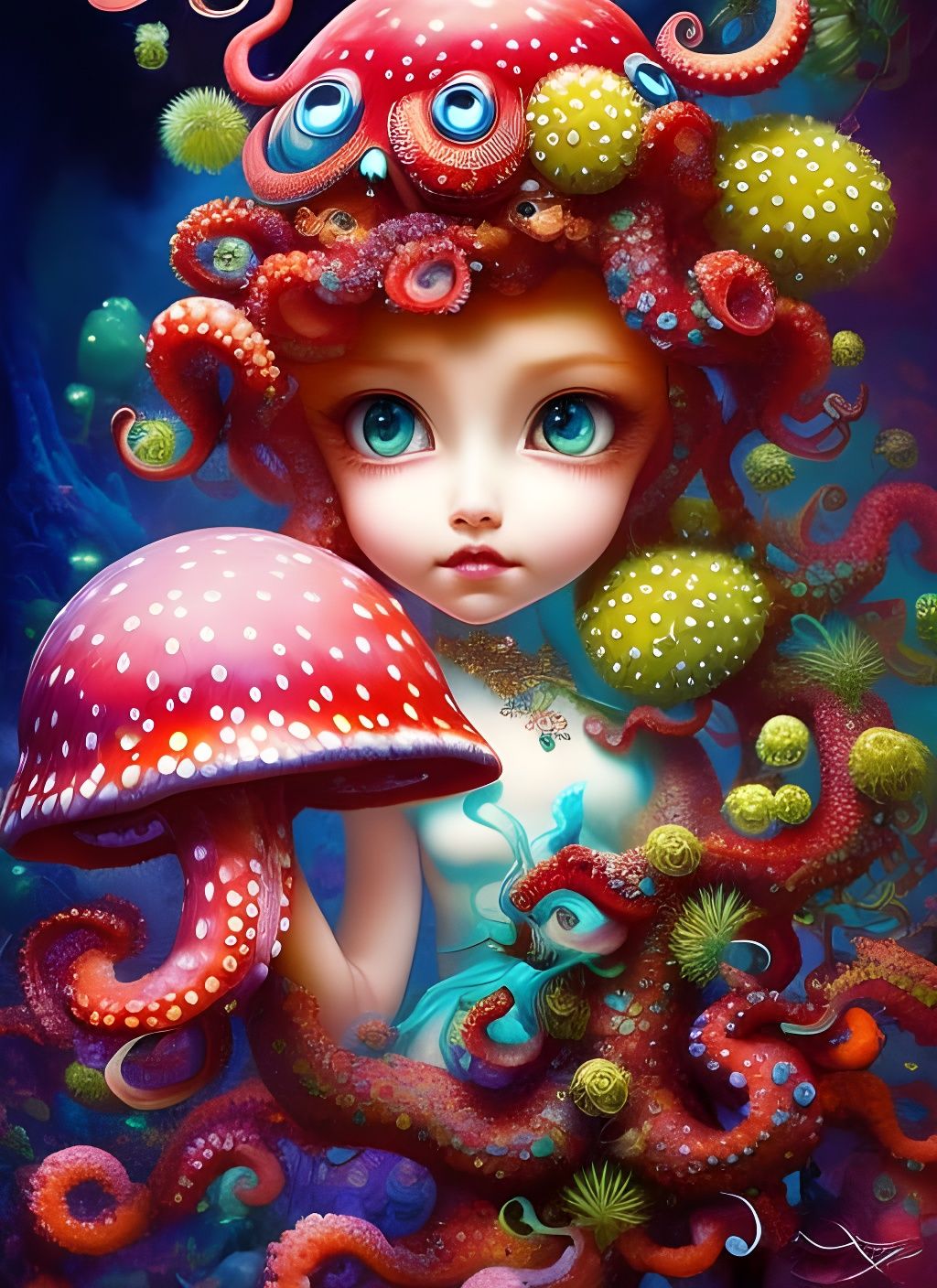 Chibi Strawberry Octopus on Mushroom Reef