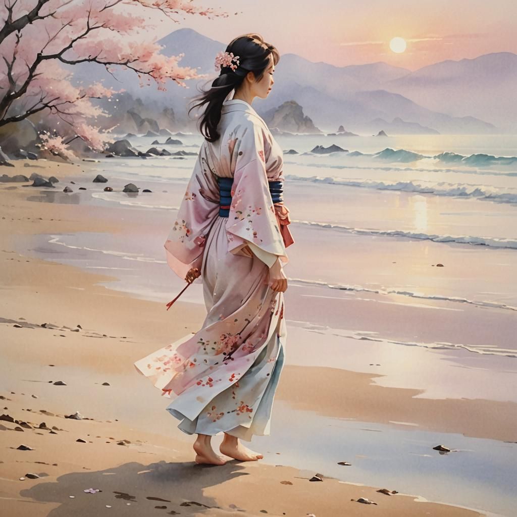 Serene Woman on Beach in Hokusai Watercolor Style