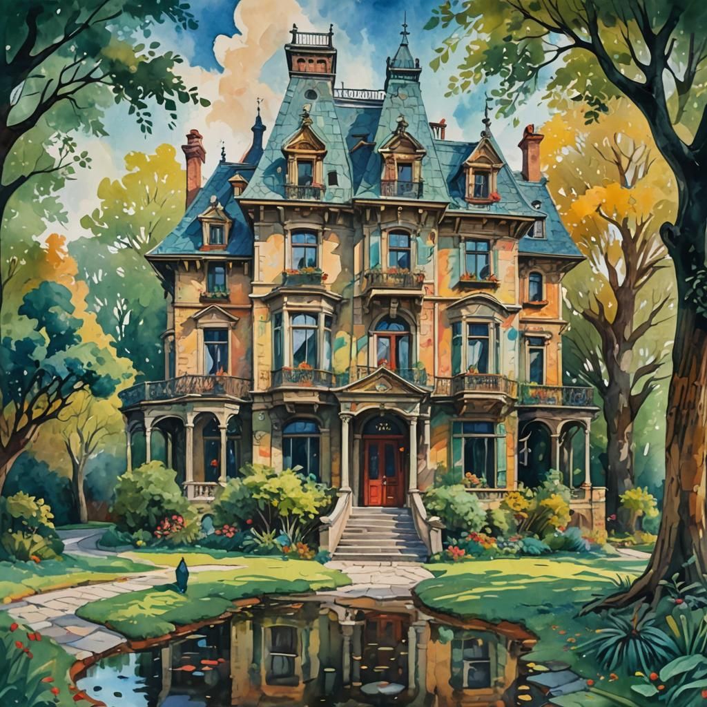 Gouache Style Clue Mansion: Impressionist Watercolor Masterp...