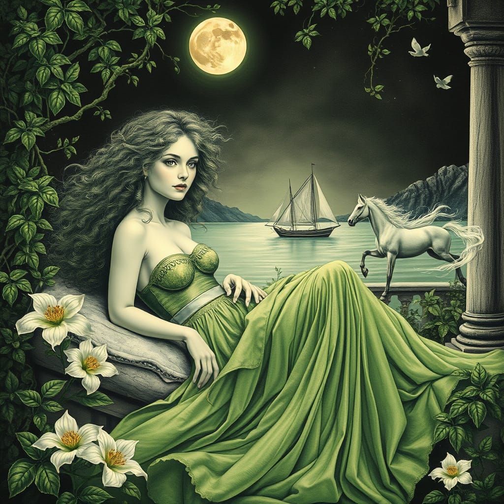 Ethereal Muse Reclining Amidst Lush Nature