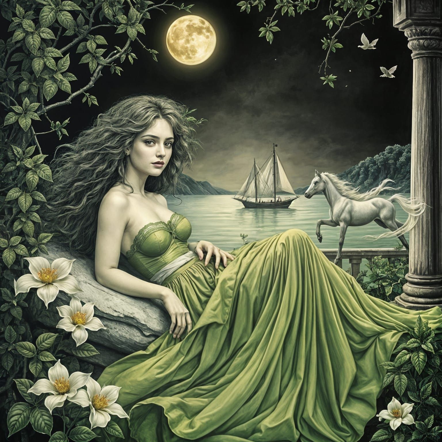 Ethereal Muse in Verdant Hues, Embraced by Nature