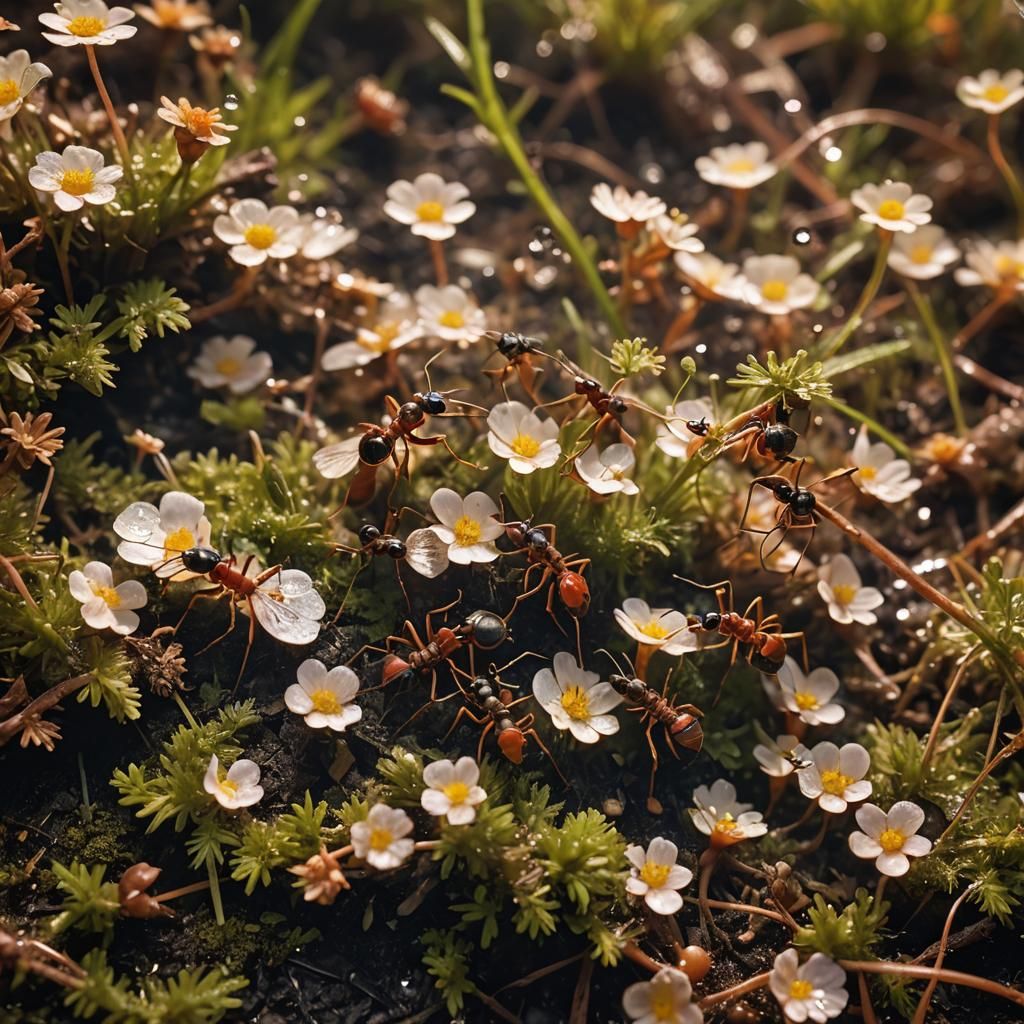 Macro Close-Up of Ants Carrying Flower Petals