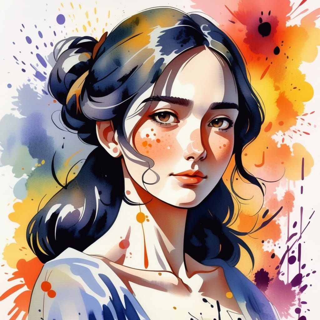 Beautiful Woman Watercolor with Ink Splashes