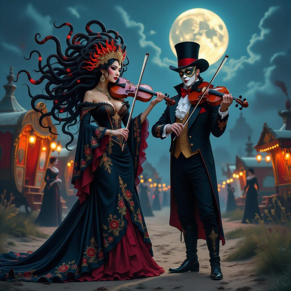 Gothic Carnival Medusa and Ringmaster in Ethereal Style