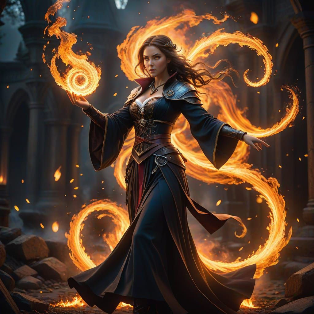 Brave Sorceress Summons Fire Magic in Hyperrealistic Style