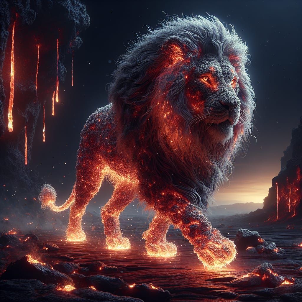 Fiery Lion Digital Art in Hyper-Realism Style