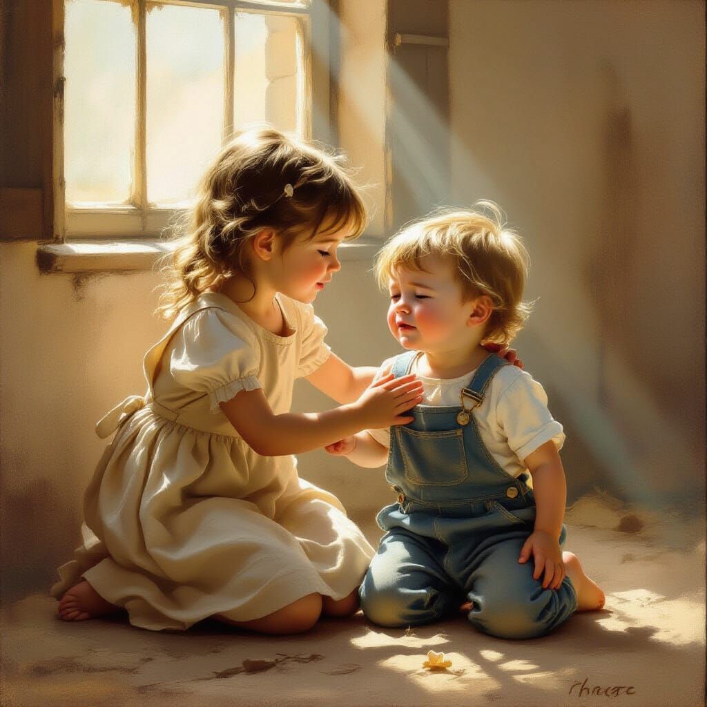 Neoclassical Scene of Sister Helping Brother Stand