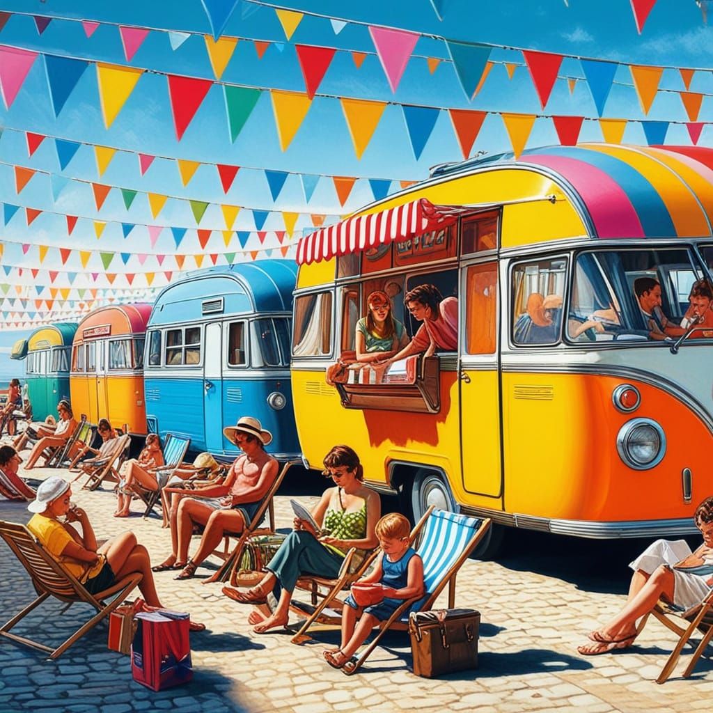 Vibrant Vintage Caravans on Sunny Promenade in Retro-Futuris...