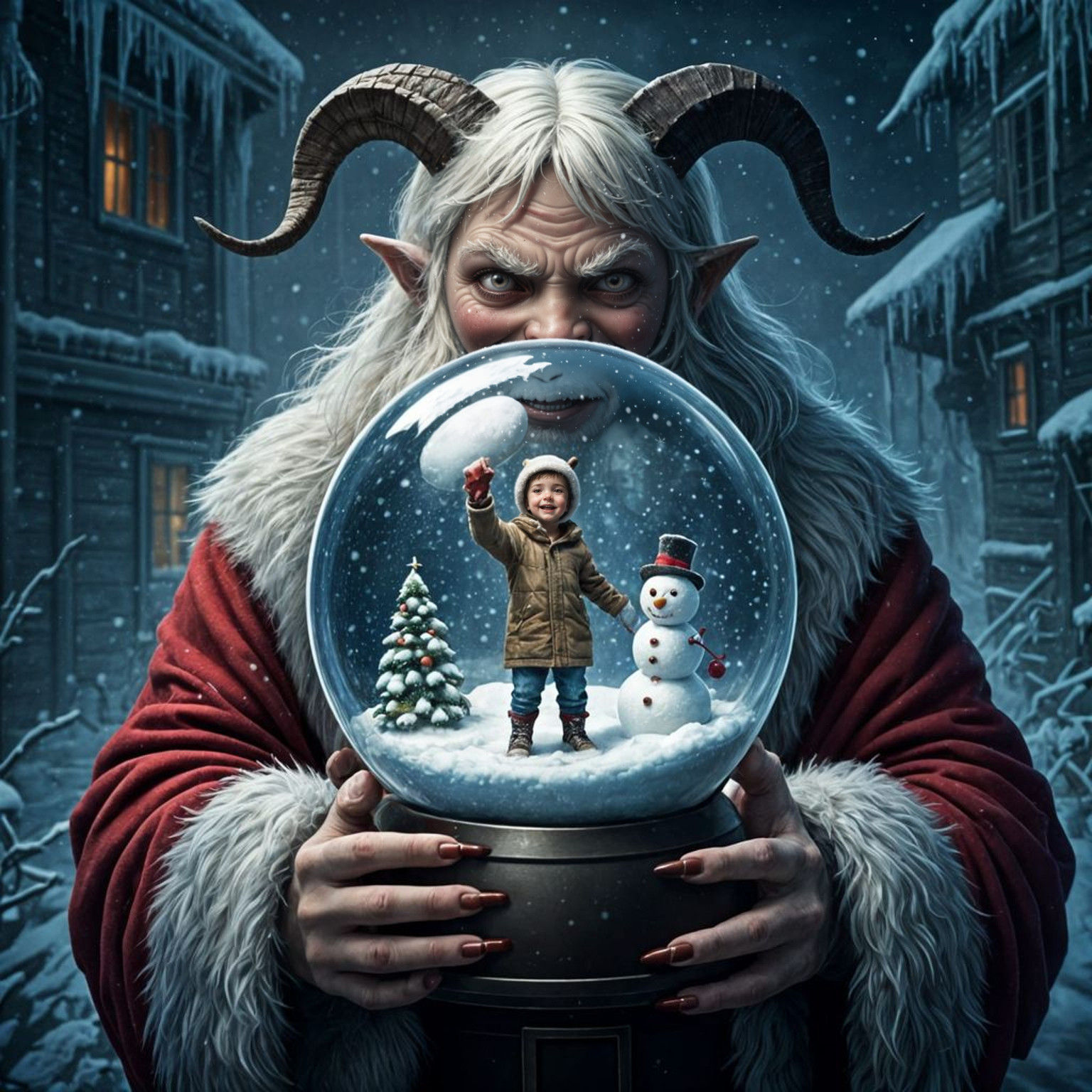 Dark Fantasy Snow Globe Scene with Santa and a Sharp-Toothed...