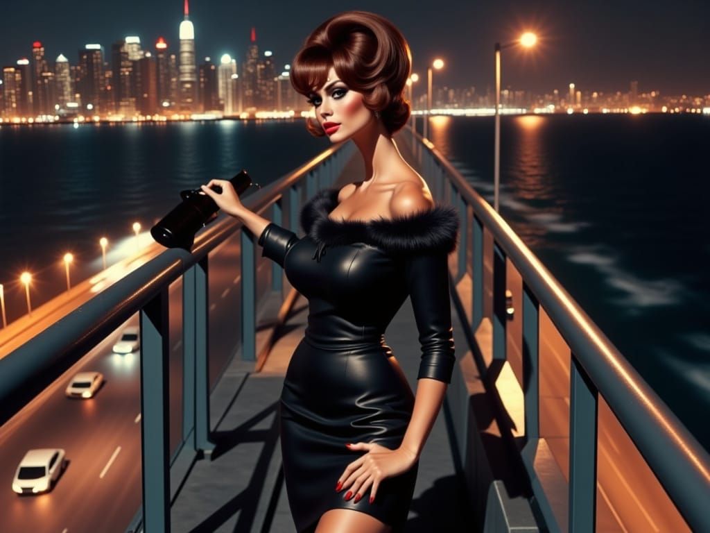 Femme Fatale in 1960s Cityscape